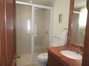 Een badkamer met een douche, toilet en wastafel.