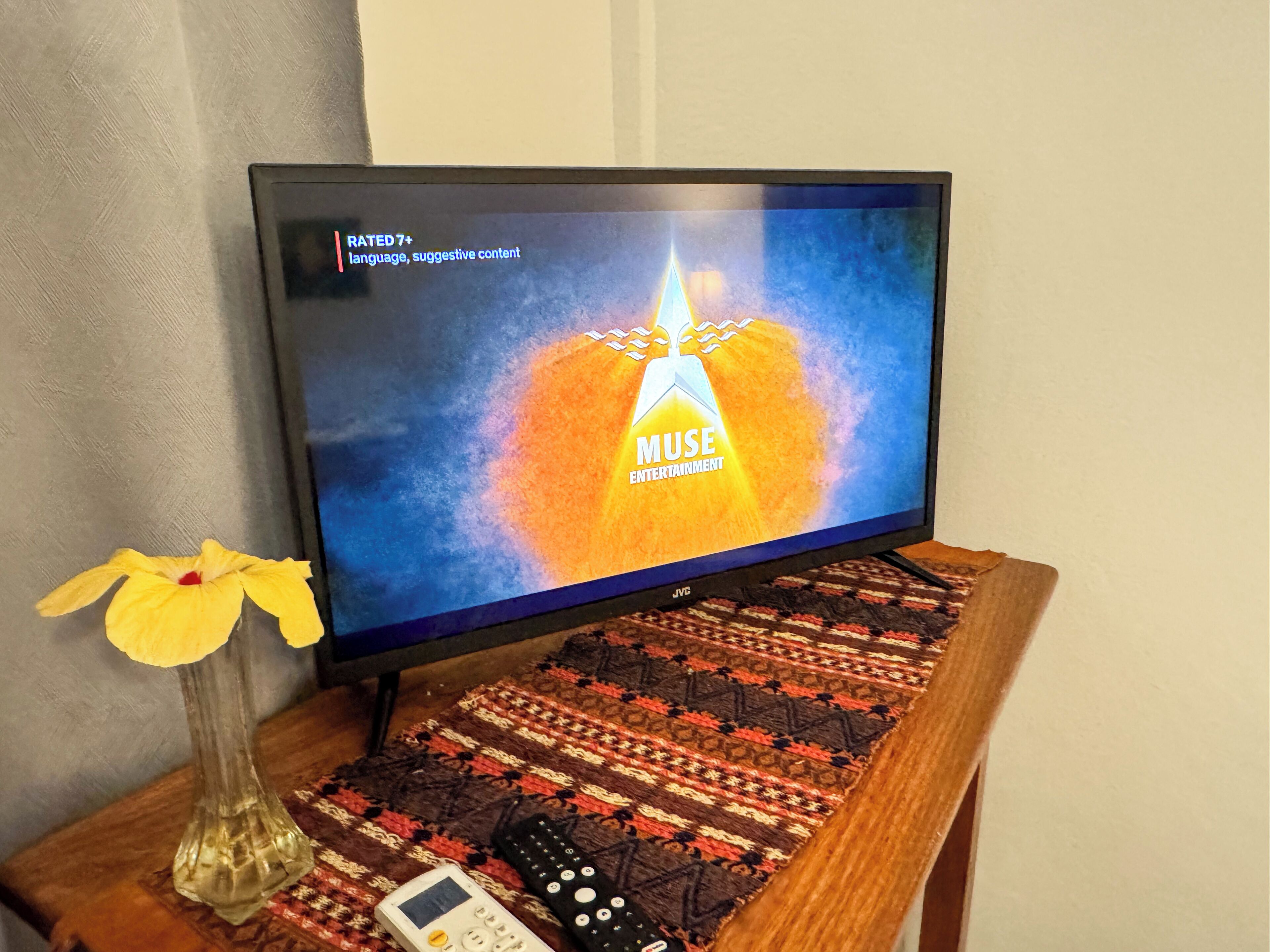 A television on a wooden stand displaying a rating of 7+ with language and suggestive content warnings.