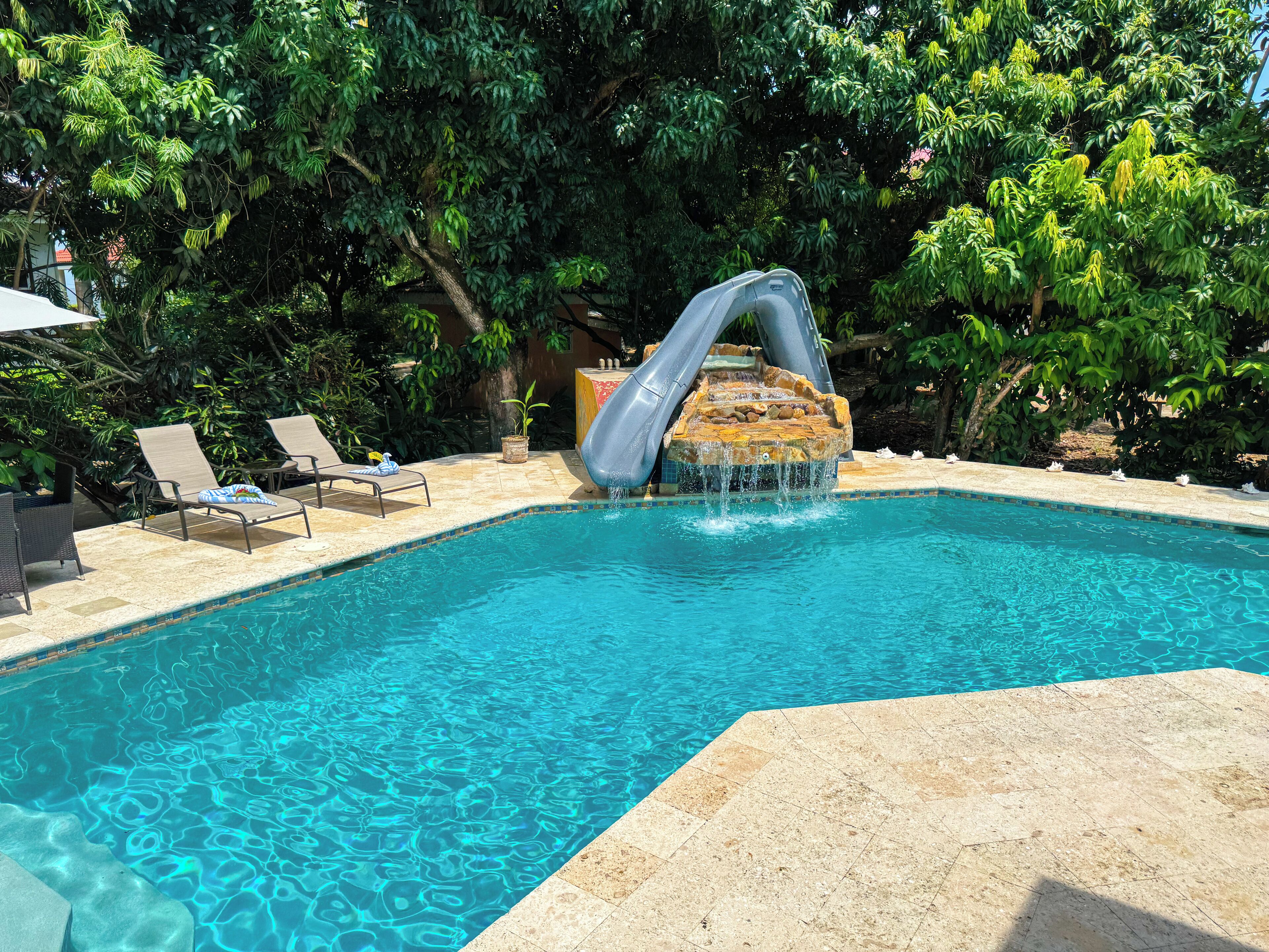 Una piscina con tobogán de agua, sillas de descanso y exuberante vegetación.