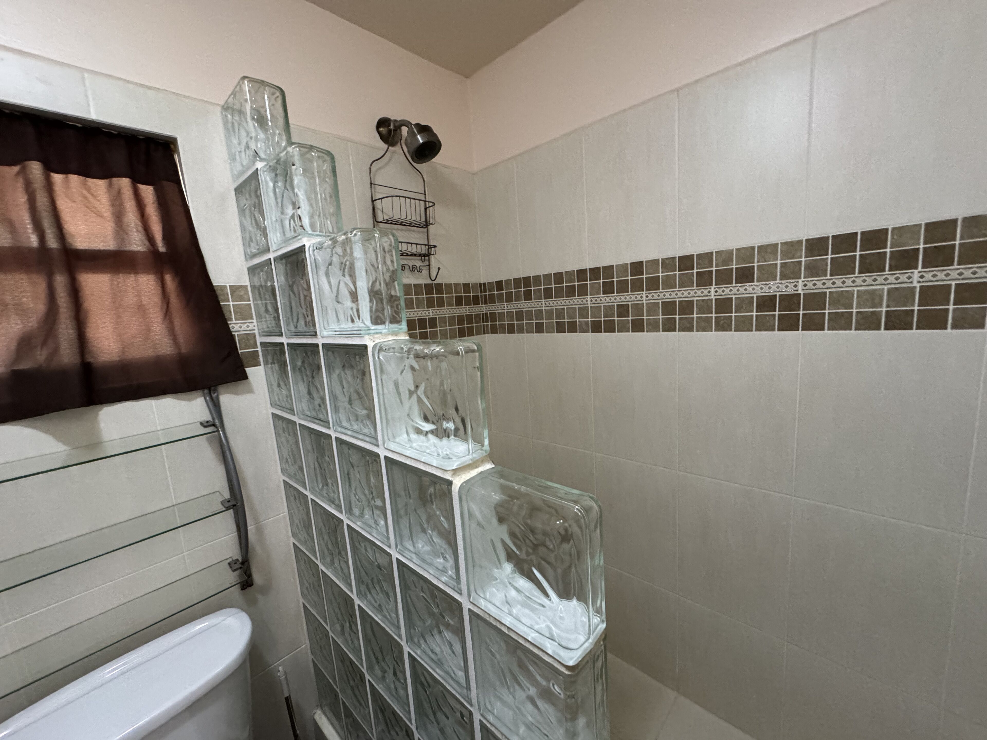Un baño con pared de vidrio bloqueado, toallero, zona de ducha y suelo de baldosas.