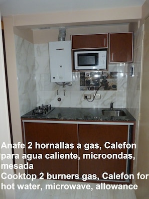 Fridge, microwave, coffee/tea maker, toaster