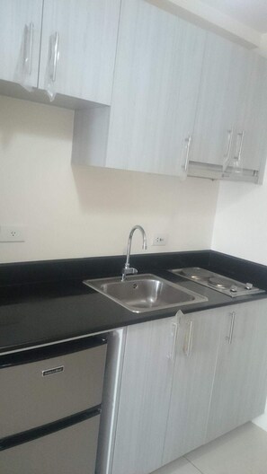 Kühlschrank, Mikrowelle, Herdplatte, Kochgeschirr/Geschirr/Besteck