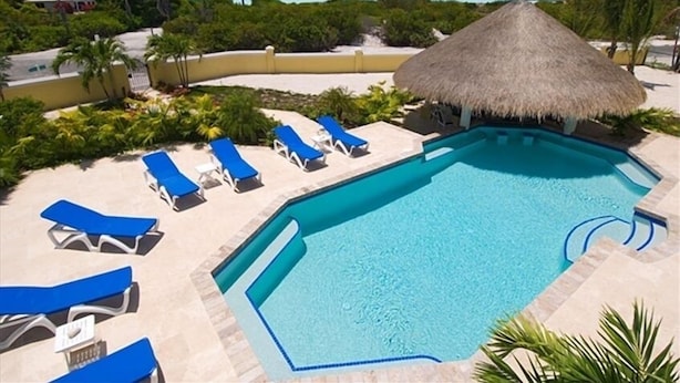 Una piscina con sillas reclinables azules y una estructura de techo de paja.