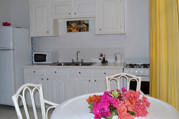 Een koelkast, een magnetron, een oven, een kookplaat