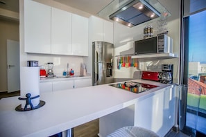 Fridge, microwave, oven, stovetop