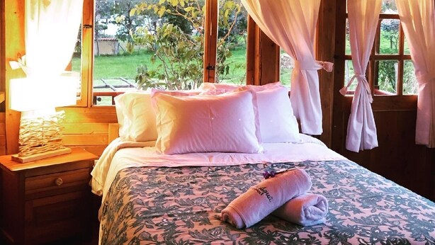 A cozy room with a bed, curtains, and a window overlooking a garden.