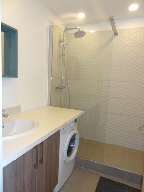 Shower, hair dryer, towels, soap