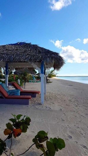 A beachside lounge with a thatched roof, lounge chairs, and a view of the ocean.