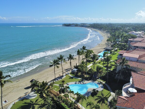 A resort with a beachfront, a swimming pool, and palm trees.