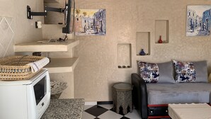 Un espacio habitable compacto con kitchenette, televisión, sofá con cojines estampados y dos cuadros en las paredes.