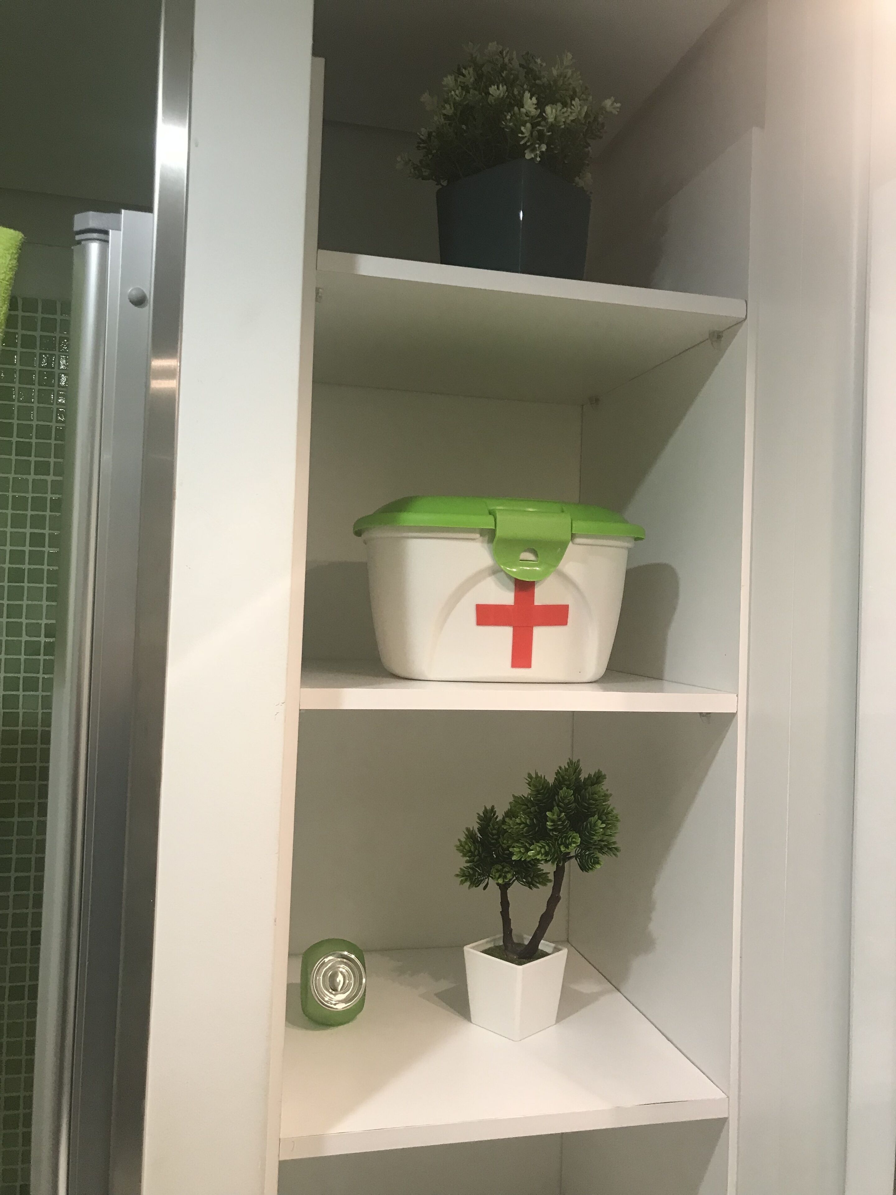 Une étagère blanche avec une boîte de rangement verte et blanche ornée d’une croix rouge, une petite plante en pot et un objet vert.