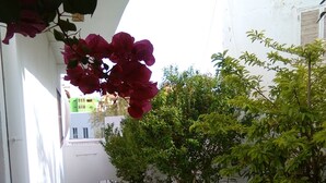 A narrow outdoor corridor with a tiled floor, white walls, and potted plants. - Holiday house 200 meters from Laginha beach (Mindelo)