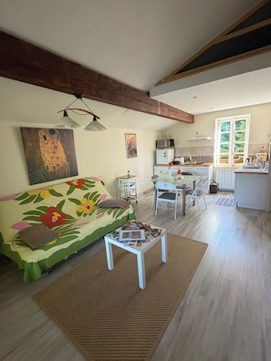 A living room with a sofa, a coffee table, and a dining area with chairs and a table.