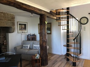 Smart TV, fireplace, books