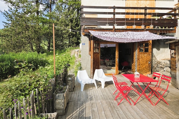 terrasse 25 m² avec 50 m² gazon et plantes diverses