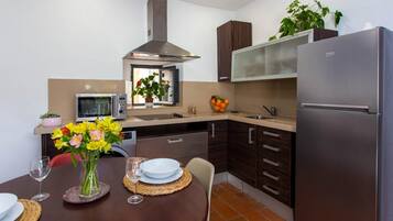 Fridge, microwave, stovetop, coffee/tea maker