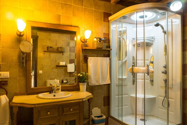 Shower, hair dryer, towels, soap