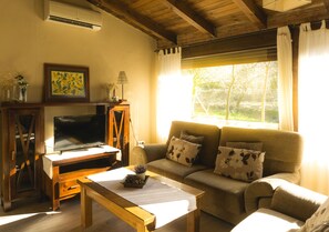 Una televisión, una chimenea, un futbolín, libros