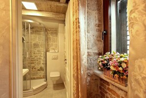 Douche, séchoir à cheveux, serviettes fournies, shampooing