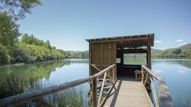 En träbrygga som leder fram till en överbyggd paviljong vid en stilla sjö, omgiven av frodig grönska.