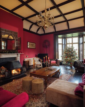 Una sala de estar acogedora con chimenea, un árbol de Navidad y una gran araña.