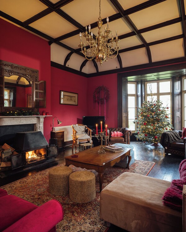 A cozy living room with a fireplace, a Christmas tree, and a large chandelier.