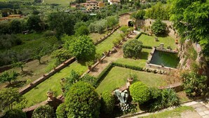 Un vignoble avec des terrasses, un petit étang et, au loin, des bâtiments traditionnels.