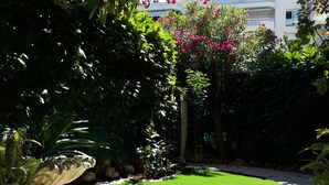 A well-maintained garden with a lawn, various plants, and a paved walkway. - Residential area 5 minutes from the beach  (Cannes)