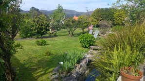 A well-maintained garden with a variety of plants, a small pond, and a bench.