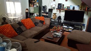 A living room with a sofa, coffee table, and TV. There are books, a vase with flowers, and a fan on the wall.