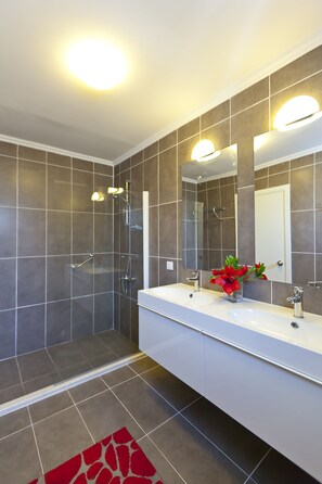 Shower, jetted bath, hair dryer, towels