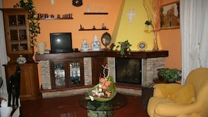 A cozy living room with a fireplace, a television, and various decorative items on shelves. - Looking for a quiet place? VILLA CASCIANI (Diecimo)