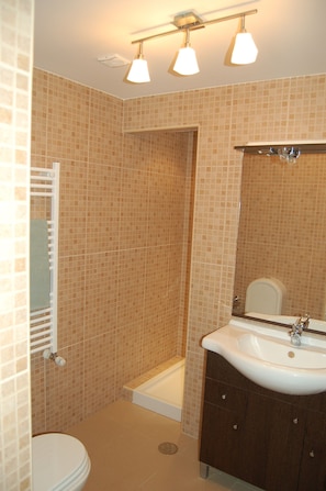 Bañera con ducha, secador de pelo, toallas