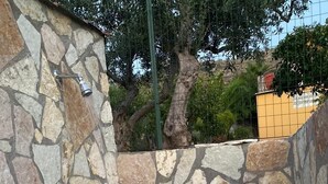 A stone-walled outdoor shower area with a metal faucet.