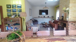 Ein gemütliches Wohnzimmer mit Kamin, Fernseher und Bücherregal.