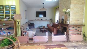 Smart TV, chimenea, futbolito y libros