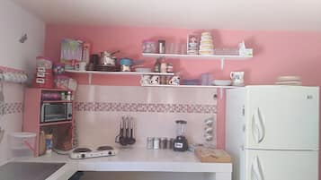 Fridge, microwave, oven, coffee/tea maker