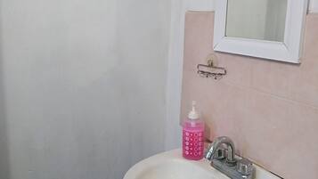 Shower, towels, soap, toilet paper