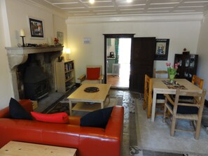 Cheminée, lecteur de DVD, livres, médiathèque