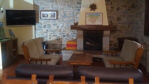 A cozy living room with stone walls, a fireplace, and comfortable seating. - Goikoetxe Baserria in Zeanuri (Zeanuri)