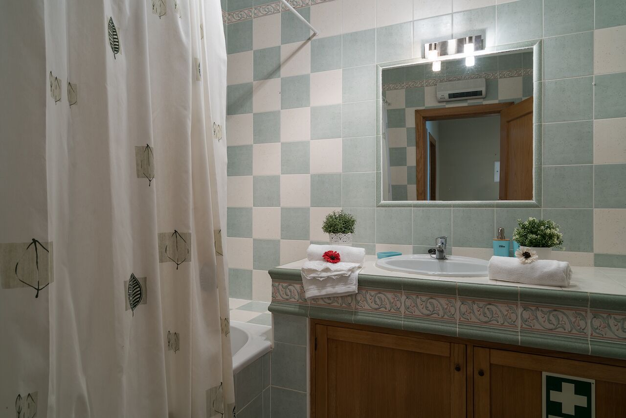 Un bagno con rivestimento a scacchi, un lavandino con uno specchio sopra e un mobile con decorazioni verdi.