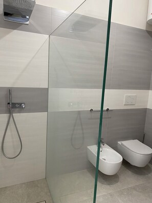Hair dryer, towels, soap, toilet paper