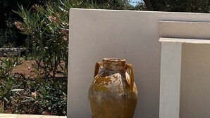 Un jarrón de cerámica grande y desgastado, con dos asas, sobre una plataforma de piedra frente a una pared blanca, rodeado de follaje.