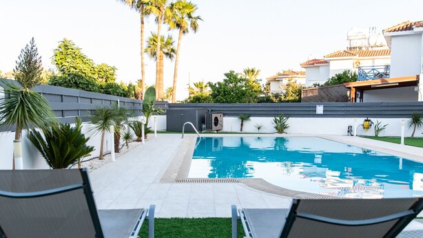 Une piscine avec deux chaises longues placées en face, entourée d’un petit muret et de palmiers.