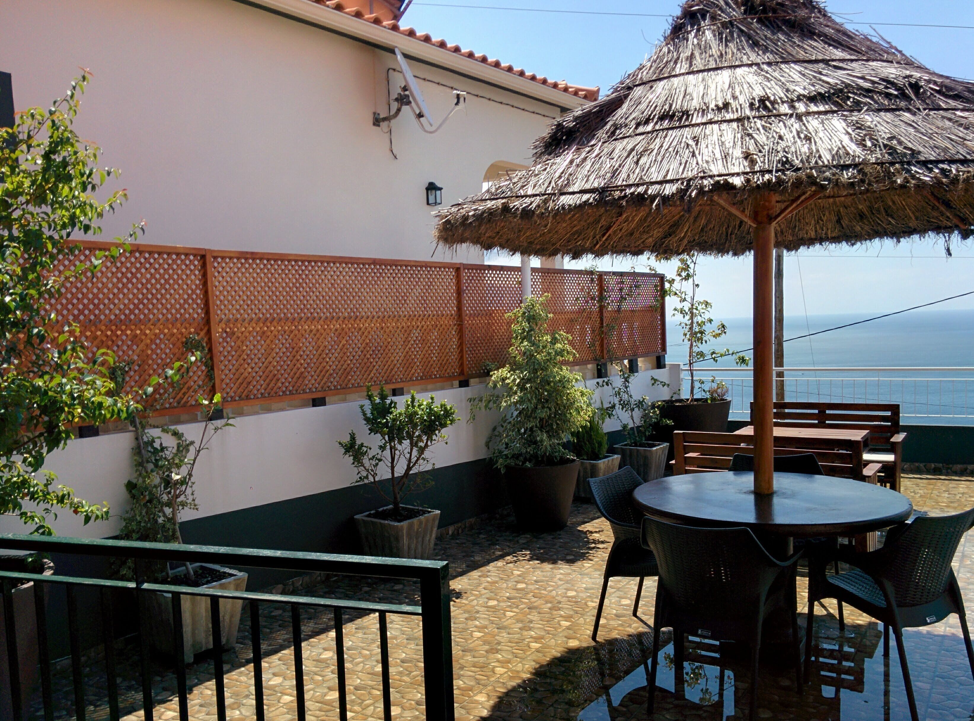 A patio with a round table and chairs, potted plants, a thatched umbrella, and a view of the sea.