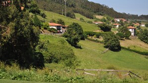 Ländliche Landschaft mit Häusern an einem Hügel, umgeben von Grün und Bäumen.