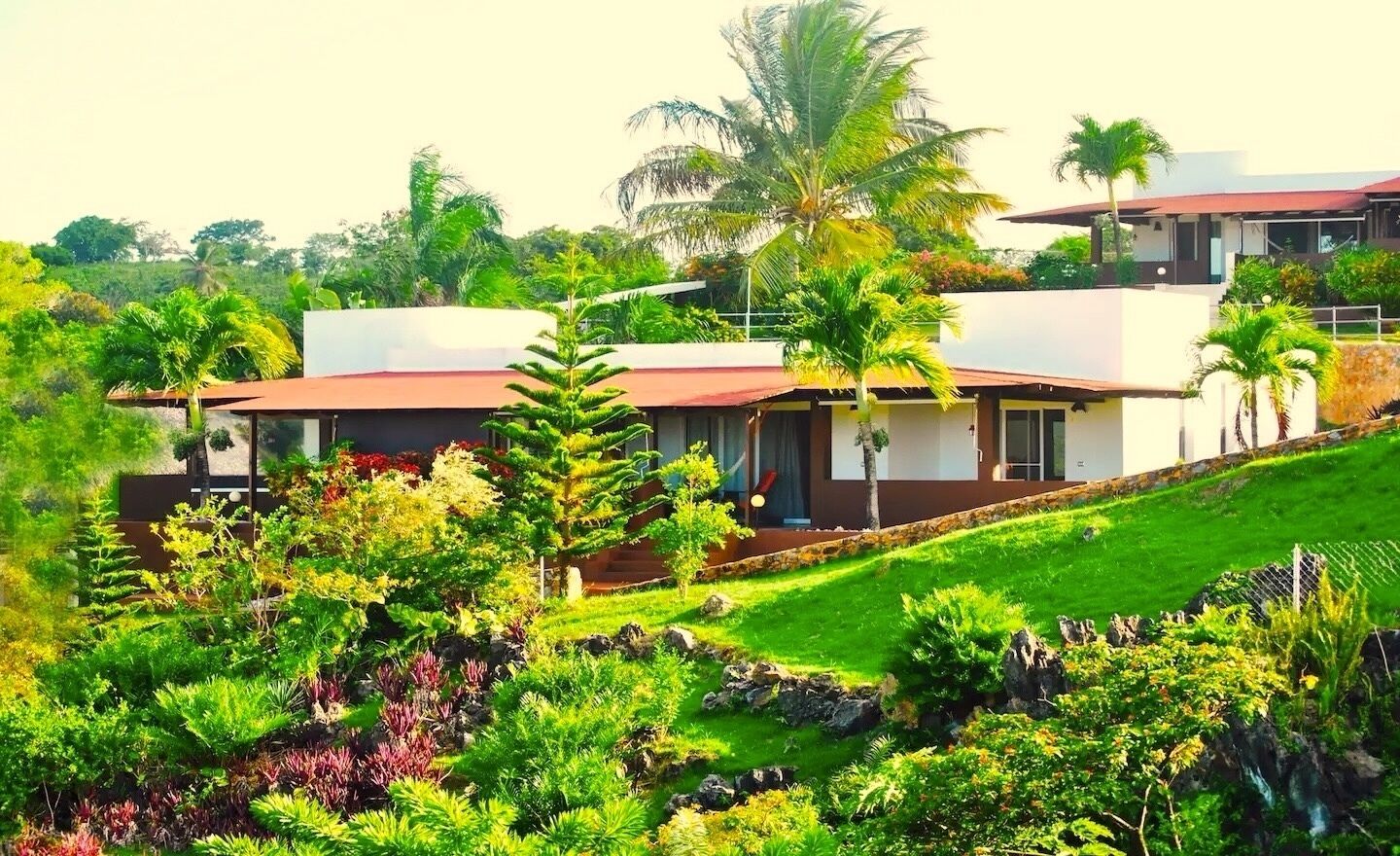 Une maison moderne à deux étages, avec un toit rouge, entourée d’une végétation luxuriante et de palmiers.