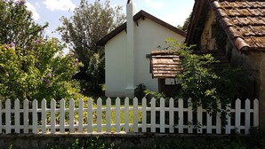 A white picket fence, a white building with a chimney, and a tree with purple flowers.