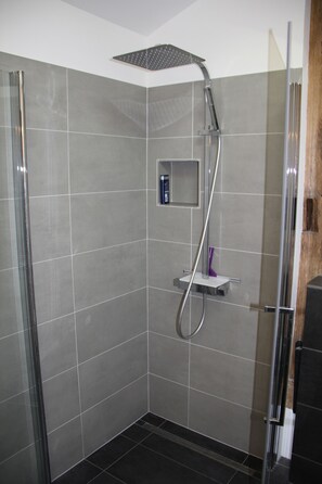 Dusche, Haartrockner, Handtücher, Seife