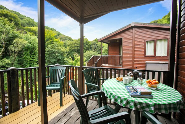 Outdoor dining - Two bedroom lodge within walking distance of Lynton Centre. Free fishing onsite (Lynton)